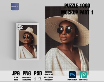 May include: A mockup of a 1000 piece jigsaw puzzle featuring a woman wearing a wide-brimmed hat and sunglasses. The puzzle is in a white frame and the image is of a woman with dark skin.