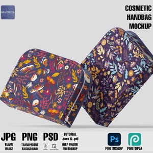 May include: Two cosmetic handbags with floral patterns. The handbag on the left has a red, yellow, and blue floral pattern. The handbag on the right has a blue, yellow, and purple floral pattern.