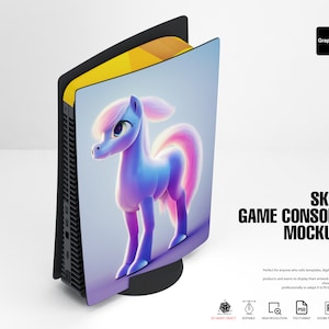 May include: A mockup of a video game console with a colorful cartoon unicorn design on the front. The console is black and has a yellow accent. The text "SKIN GAME CONSOLE MOCKUP" is visible in the image.