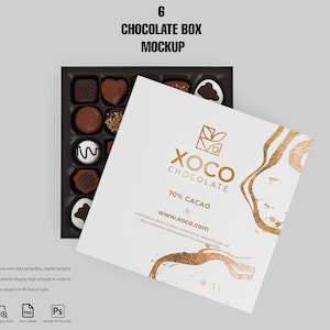 May include: A white chocolate box mockup with a gold design and the text "XOCO CHOCOLATE 70% CACAO www.xoco.com". The box is open and filled with assorted chocolate sweets.