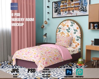 May include: A nursery room mockup featuring a bed with a floral headboard and a pink and white patterned duvet. The bed is set against a light blue wall with a window behind it. The room also features a desk with a chair and a bookshelf.