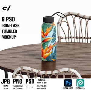 Maqueta de botella de agua de boca ancha de 18 oz, maqueta de vaso Ironflask, maqueta de vaso, maqueta de piel de vaso, maqueta de piel, maqueta de botellas de agua, PSD