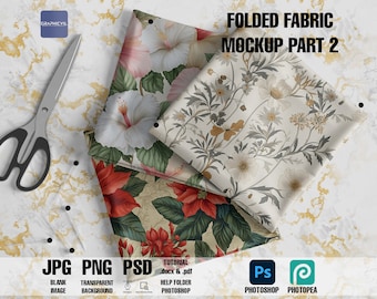 May include: Folded fabric mockup with three different floral patterns. The fabric is folded in a way that shows off the different patterns. The fabric is on a marble background with a pair of scissors and pins.
