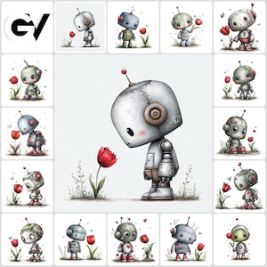 Puede incluir: Ilustraciones de robots caprichosos. Cada robot se representa en una pose única, algunos sosteniendo flores, otros con mariposas, todos con una antena roja. Los robots son de varios colores, con un tulipán rojo en primer plano.