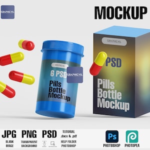 以下が含まれることがあります： 青いプラスチック製のボトルのモックアップで、白いラベルには「6 PSD Pills Bottle Mockup」と書いてあります。ボトルには赤と黄色のカプセルが入っています。ボトルの隣には、白いラベルに「PSD Pills Bottle Mockup」と書いてある青い箱があります。