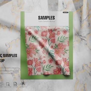 Puede incluir: Una maqueta de muestras de tela con un patrón floral en tonos de rosa y verde. La tela está doblada y se muestra sobre un fondo verde con el texto "SAMPLES" y "Fabric Samples Mockup".