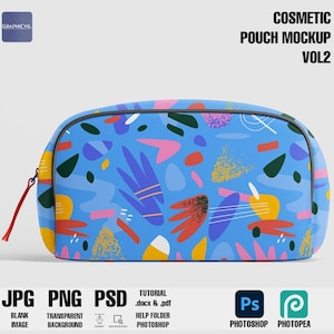 May include: A blue cosmetic pouch with a colorful abstract pattern. The pouch has a zipper closure and a red zipper pull. The pouch is sitting on a white surface.