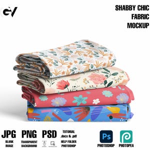 May include: A stack of four fabric swatches with floral patterns. The swatches are folded and arranged in a pile. The top swatch is a light beige with green and brown floral designs. The second swatch is a cream color with pink and white floral designs. The third swatch is a red color with white and purple floral designs. The bottom swatch is a blue color with yellow, red, and white abstract designs. The text "SHABBY CHIC FABRIC MOCKUP" is displayed above the fabric swatches.