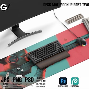 Op de afbeelding: Een rode en blauwe bureaumat mockup met een toetsenbord, muis en een afbeelding van een persoon met een koptelefoon. De tekst "DESK MAT MOCKUP PART TWO" staat bovenaan de afbeelding.