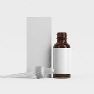 May include: A brown glass bottle with a white label and a dropper, next to a white box.