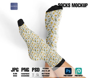May include: A mockup of a pair of socks with a white background and a floral pattern of yellow daisies on a white background. The socks have a black cuff. The image includes the text "SOCKS MOCKUP".