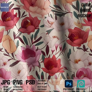 Peut inclure: Une maquette numérique d'un tissu incurvé avec un motif floral. Le tissu est de couleur crème avec des fleurs roses, rouges et blanches. Le texte "CURVE FABRIC MOCKUP" est en noir en haut à droite de l'image.
