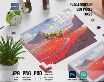 16x20 Puzzle Mockup: 320 Piece Jigsaw Template (PSD, PNG)