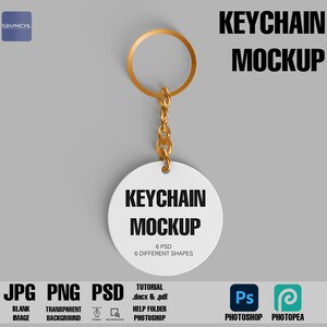 May include: A white round keychain mockup with the text "KEYCHAIN MOCKUP" and "6 PSD 6 DIFFERENT SHAPES". The keychain is attached to a gold chain and ring.