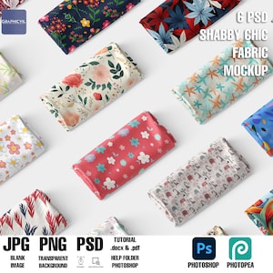 Op de afbeelding: Zes stoffen mockups met verschillende bloemen- en geometrische patronen. De mockups zijn gerangschikt in een raster op een witte achtergrond. De tekst "6 PSD SHABBY CHIC FABRIC MOCKUP" staat bovenaan de afbeelding. De tekst "JPG PNG PSD" staat onderaan de afbeelding, samen met de tekst "BLANK IMAGE", "TRANSPARENT BACKGROUND", "TUTORIAL .docx & .pdf", "HELP FOLDER", "PHOTOSHOP" en "PHOTOPEA".