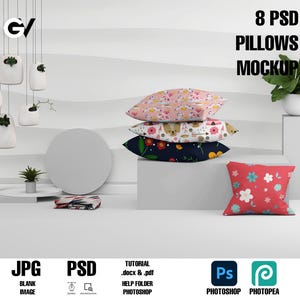 Puede incluir: Maqueta de ocho almohadas con diferentes patrones florales. Las almohadas están apiladas sobre una superficie blanca. La imagen incluye el texto "8 PSD PILLOWS MOCKUP".