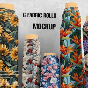 May include: Six fabric rolls featuring a variety of floral designs. The patterns include sunflowers, tropical birds, and hydrangeas.