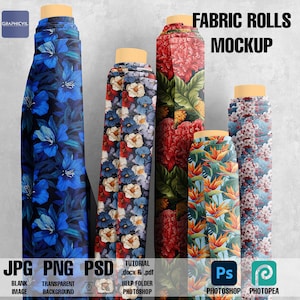 May include: Mockup of five fabric rolls with different floral patterns. The rolls are arranged vertically against a grey background. The text "FABRIC ROLLS MOCKUP" is displayed at the top of the image.