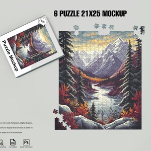 May include: A mockup of a 21x25 piece jigsaw puzzle with a mountain scene. The puzzle is partially assembled, with some pieces missing. The scene features a river winding through a valley with snow-capped mountains in the background. The puzzle is set against a white background.