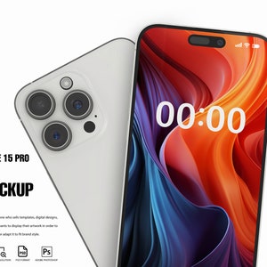 May include: A white iPhone 15 Pro Max mockup with a black screen displaying a digital clock showing the time 00:00. The phone has a triple camera system on the back.