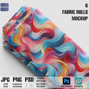 May include: Mockup of six fabric rolls featuring a colourful abstract pattern of wavy lines in shades of pink, blue, yellow, and orange. The fabric rolls are stacked on top of each other and are partially unrolled. The image includes the text "6 FABRIC ROLLS MOCKUP".