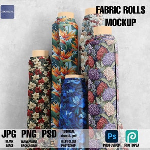 May include: A mockup of fabric rolls featuring diverse floral and botanical patterns. The rolls showcase designs with red poinsettias, blue flowers, and tropical birds of paradise. The image includes the text "FABRIC ROLLS MOCKUP" and file type information.