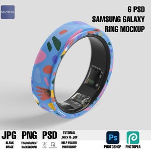 May include: A blue and white patterned Samsung Galaxy ring mockup. The ring is made of plastic and has a black metal band. The ring is designed to be worn on the finger.