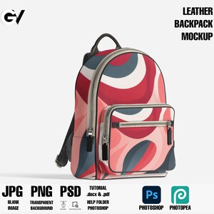 May include: A leather backpack mockup with a vibrant, abstract pattern in red, pink, and blue. The backpack has a front pocket, black straps, and a top handle. The image includes the text "LEATHER BACKPACK MOCKUP".