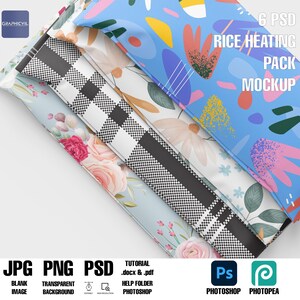 May include: Six different patterned rice heating packs, stacked on top of each other. The packs are made of fabric with various designs, including floral, geometric, and abstract patterns. The top pack has a blue background with pink, yellow, and green abstract shapes. The second pack has a white background with black and white checkered pattern. The third pack has a light blue background with white flowers and green leaves. The fourth pack has a white background with black and white checkered pattern. The fifth pack has a light blue background with white flowers and green leaves. The sixth pack has a white background with black and white checkered pattern. The image includes the text "6 PSD RICE HEATING PACK MOCKUP".
