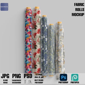 May include: Five fabric rolls with different patterns. The rolls are arranged from left to right in order of decreasing size. The patterns are: abstract swirls in pink, blue, and yellow; floral with red flowers on a cream background; floral with white flowers on a blue background; floral with white flowers on a light blue background; and floral with white flowers on a white background. The rolls are all wrapped in brown paper and have a wooden dowel at the top.