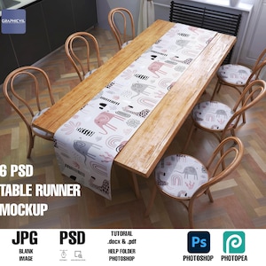 May include: A wooden dining table with a patterned table runner and six matching chairs. The chairs have curved backs and patterned seats. The table runner features a repeating design of animals and rainbows. The image also includes text that says "6 PSD TABLE RUNNER MOCKUP".