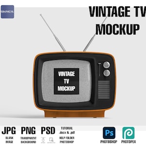 May include: A vintage TV mockup with a black screen and a brown frame. The TV has two silver antennas and the text "VINTAGE TV MOCKUP" is displayed on the screen. The image also includes file type icons for JPG, PNG, and PSD.