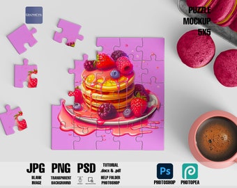May include: A pink 5x5 jigsaw puzzle mockup featuring a colourful pancake with berries and syrup. The puzzle is partially assembled with some pieces missing. The image also includes a cup of coffee and macarons.