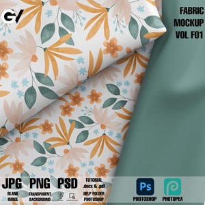 Peut inclure: Maquette de tissu avec un motif floral de fleurs orange, pêche et bleues et des feuilles vertes sur fond blanc. Le texte "FABRIC MOCKUP VOL F01" est affiché. Inclut des options de fichiers JPG, PNG et PSD, avec des icônes Photoshop et Photopea.