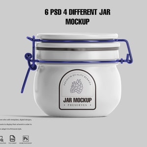 May include: White glass jar with a blue metal lid and a blue wire handle. The jar has a label that says "Premium Quality Berries Jar Mockup - Preserves".