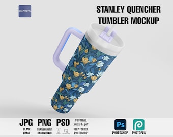 40oz Tumbler Mockup: Stanley Quencher, Vinyl Decal, Sticker (PSD)