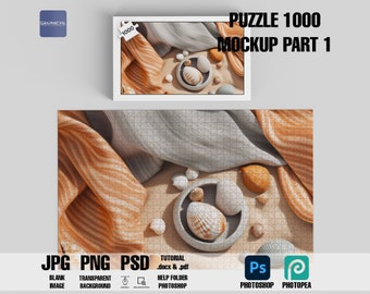 May include: A 1000 piece jigsaw puzzle mockup featuring a close-up of a seashell and a bowl of seashells on a beige background with a striped fabric draped over the top. The text "PUZZLE 1000 MOCKUP PART 1" is at the top of the image.