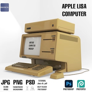 May include: A vintage beige Apple Lisa computer with a monitor, keyboard, and mouse. The monitor displays the text "Vintage Computer Mockup".