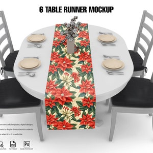 May include: A white oval table with six chairs, set with a red and green floral table runner. The table runner has a white background with red poinsettia flowers and green leaves. The table is set with plates, silverware, and a vase with white flowers.