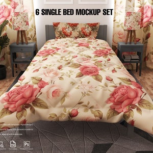 May include: A single bed mockup set featuring a floral patterned duvet cover and pillows. The bed is styled in a room with floral curtains and side tables with lamps.