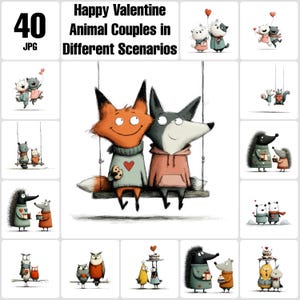Könnte beinhalten: Digitale Illustration mit Tierpaaren in verschiedenen Szenarien. Das Bild zeigt einen Fuchs und einen Wolf auf einer Schaukel sowie andere Tierpaare wie Katzen, Igel und Eulen, alle im Valentinsthema.