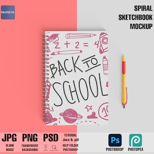 May include: A white spiral sketchbook mockup with a pink and white doodle design featuring the words "Back to School" and a pencil.