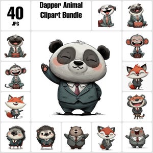 Puede incluir: Un paquete de imágenes prediseñadas digitales con 40 imágenes JPG de animales elegantes. Los animales incluyen un panda, un perro, un mono, un zorro, un tigre, un oso y un erizo, todos con trajes y corbatas. El panda está saludando. El texto "Dapper Animal Clipart Bundle" está en la parte superior.