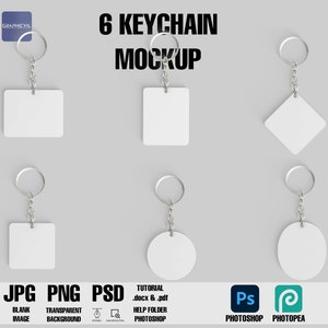 May include: Six blank keychain mockups with different shapes, including square, round, and diamond. The keychains are silver and have a white background. The image includes the text "6 KEYCHAIN MOCKUP" and the words "JPG PNG PSD" with descriptions of each file type.