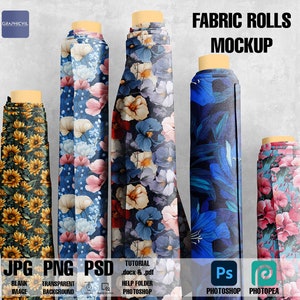 Peut inclure: Maquette de rouleaux de tissu avec divers motifs floraux. Les rouleaux présentent des motifs avec des tournesols, des fleurs bleues et blanches, et des fleurs roses et rouges. L'image comprend le texte "FABRIC ROLLS MOCKUP" et des informations sur le type de fichier.