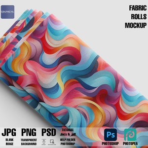 May include: A mockup of fabric rolls featuring a colourful abstract pattern of swirling lines in shades of pink, blue, yellow, and orange. The fabric is rolled up and the edges are visible. The image includes the text "FABRIC ROLLS MOCKUP".