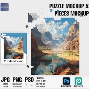 Puede incluir: Una maqueta de un rompecabezas de 525 piezas con una imagen de paisaje que representa un río que fluye a través de un cañón. El rompecabezas se muestra en una caja con el texto "Puzzle Mockup" en la parte delantera. La imagen también se muestra como un rompecabezas completo con algunas piezas faltantes.