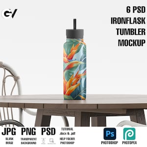 Maqueta de botella de agua de boca ancha de 18 oz, maqueta de vaso Ironflask, maqueta de vaso, maqueta de piel de vaso, maqueta de piel, maqueta de botellas de agua, PSD