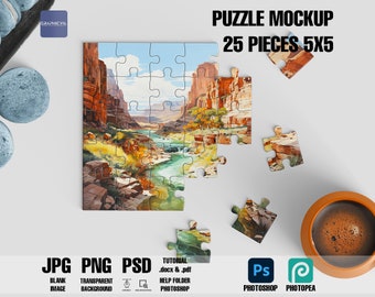 May include: A 25-piece jigsaw puzzle mockup featuring a scenic landscape image. The puzzle is laid out on a white surface with a few pieces missing. The image depicts a canyon with a river flowing through it. The puzzle is surrounded by a few decorative stones and a cup of coffee.