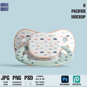 May include: A baby pacifier with a cloud pattern in pastel colors. The pacifier has a light green handle and a round nipple. The text "6 PACIFIER MOCKUP" is displayed in black. The image also includes text for file types and software.